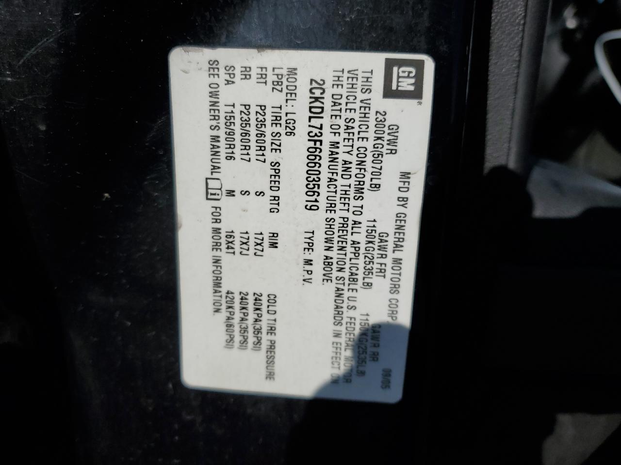 2006 Pontiac Torrent VIN: 2CKDL73F666035619 Lot: 50254445