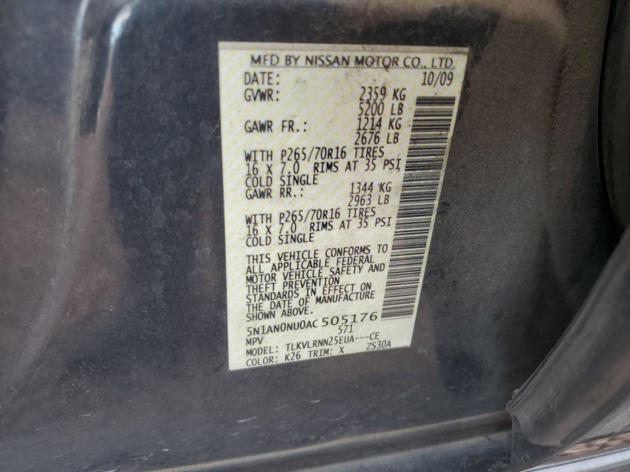 2010 Nissan Xterra Off Road VIN: 5N1AN0NU0AC505176 Lot: 47887165