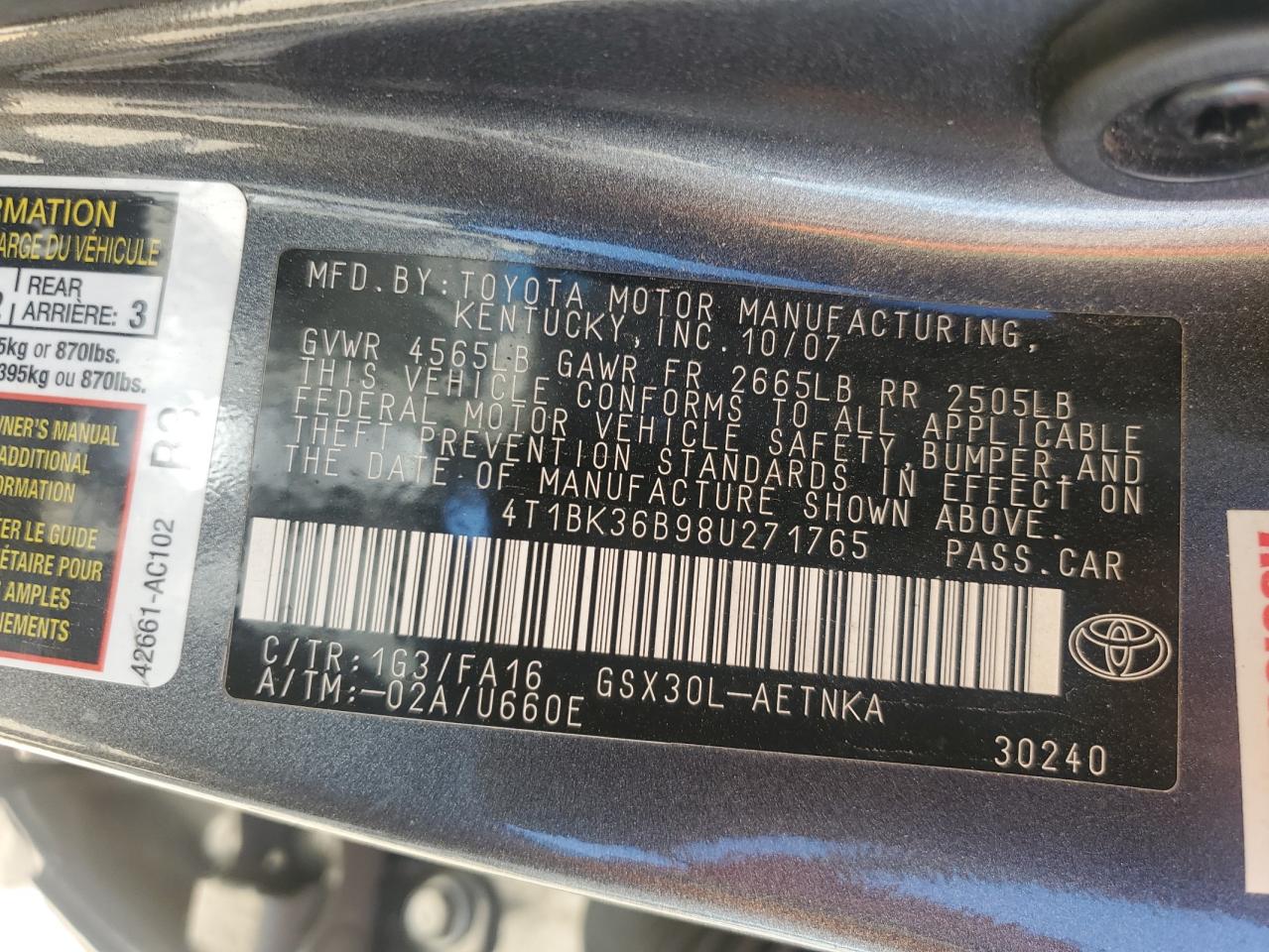 2008 Toyota Avalon Xl VIN: 4T1BK36B98U271765 Lot: 48809615