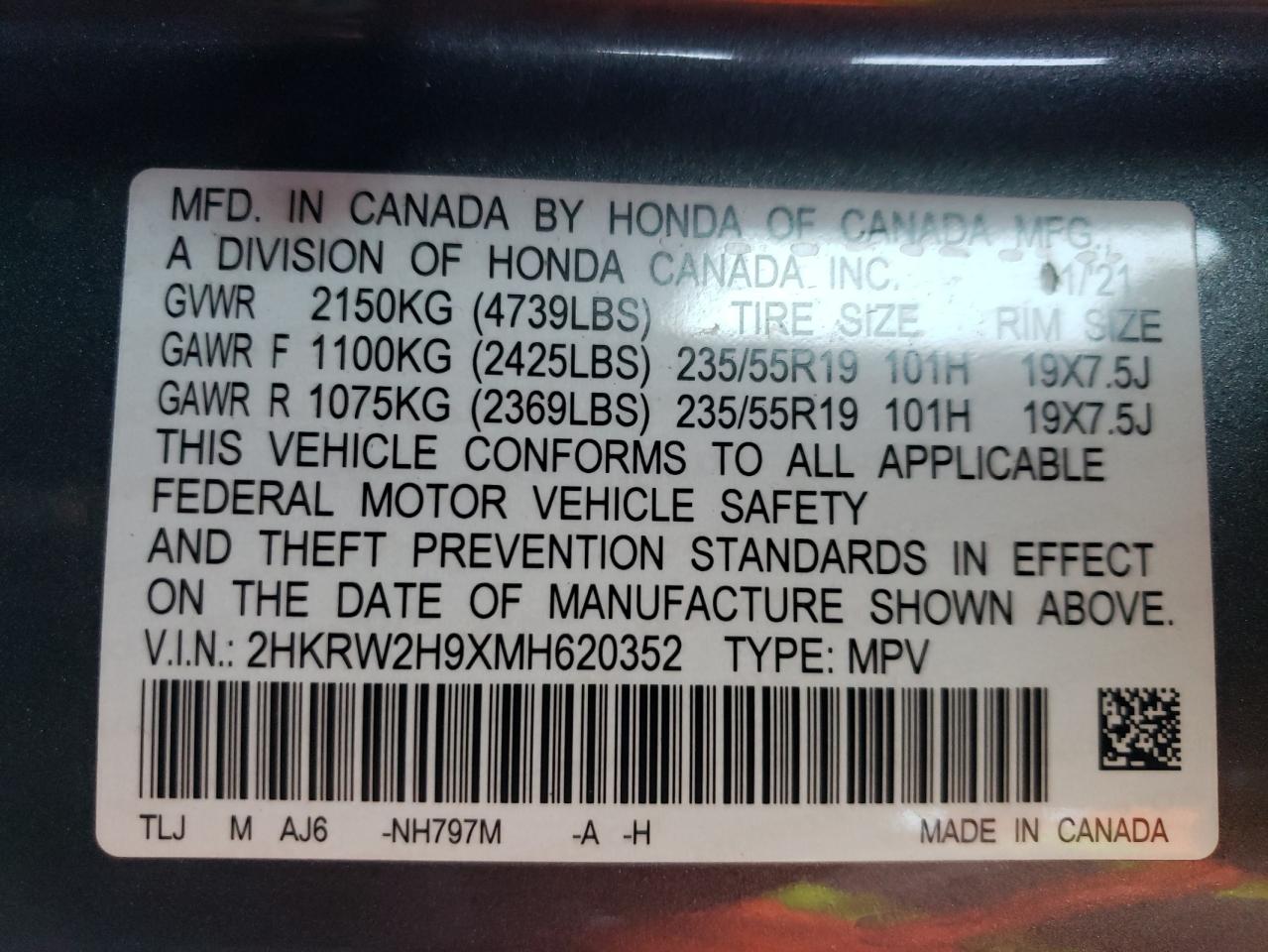 2021 Honda Cr-V Touring VIN: 2HKRW2H9XMH620352 Lot: 50512285