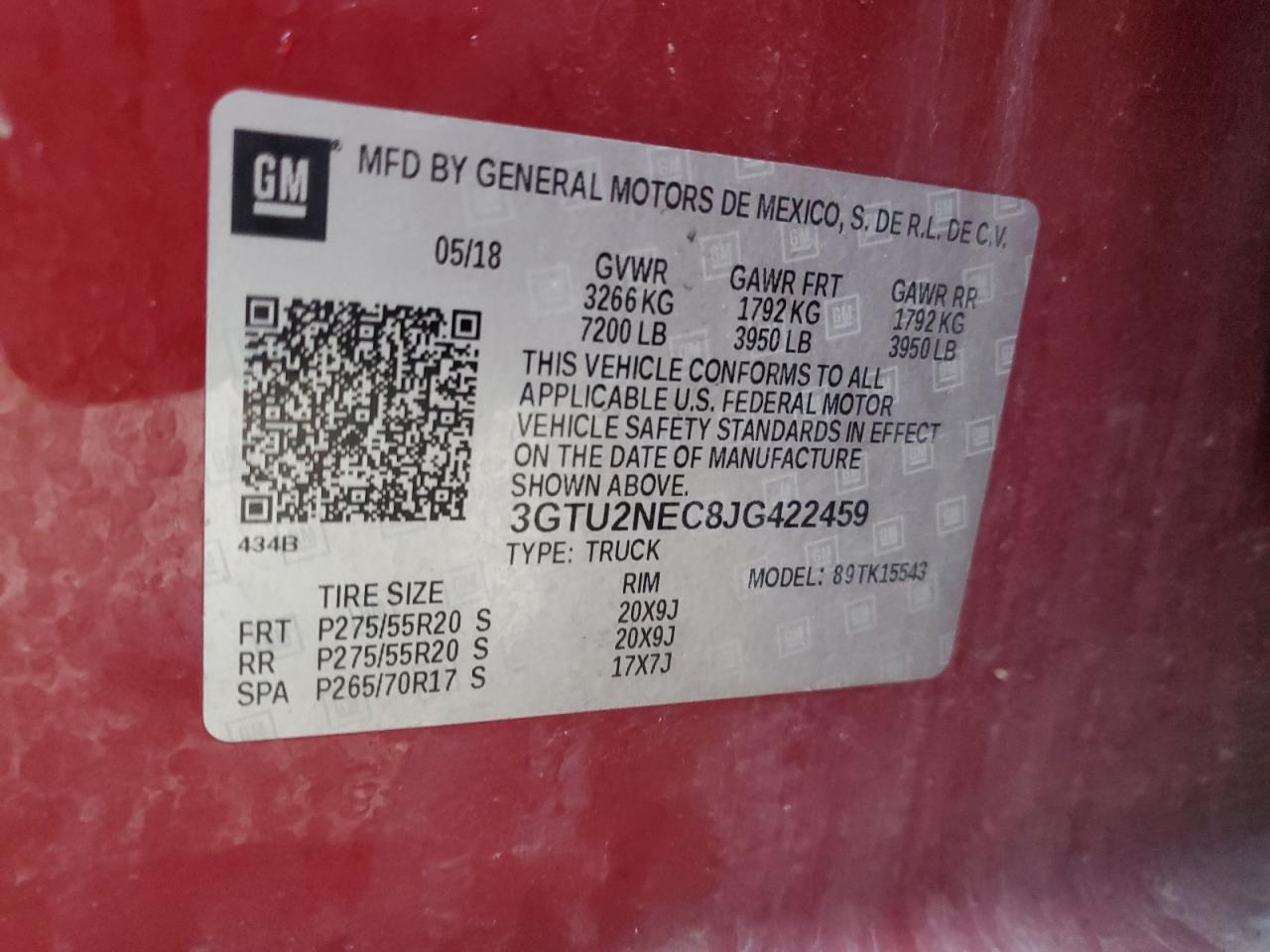 2018 GMC Sierra K1500 Slt VIN: 3GTU2NEC8JG422459 Lot: 48998765