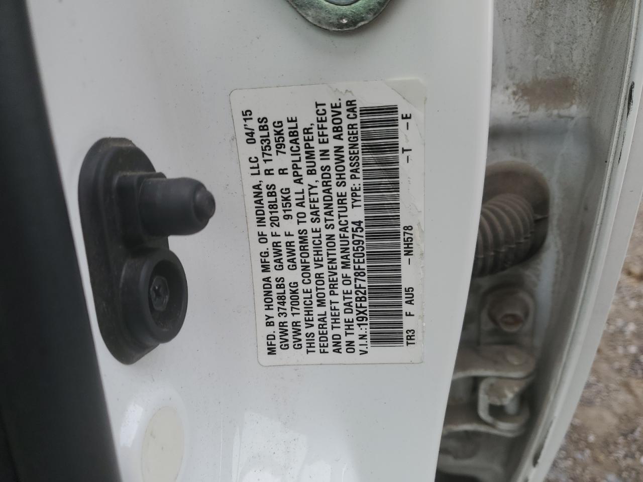 2015 HONDA CIVIC with FRONT END damage, VIN 19XFB2F78FE059754