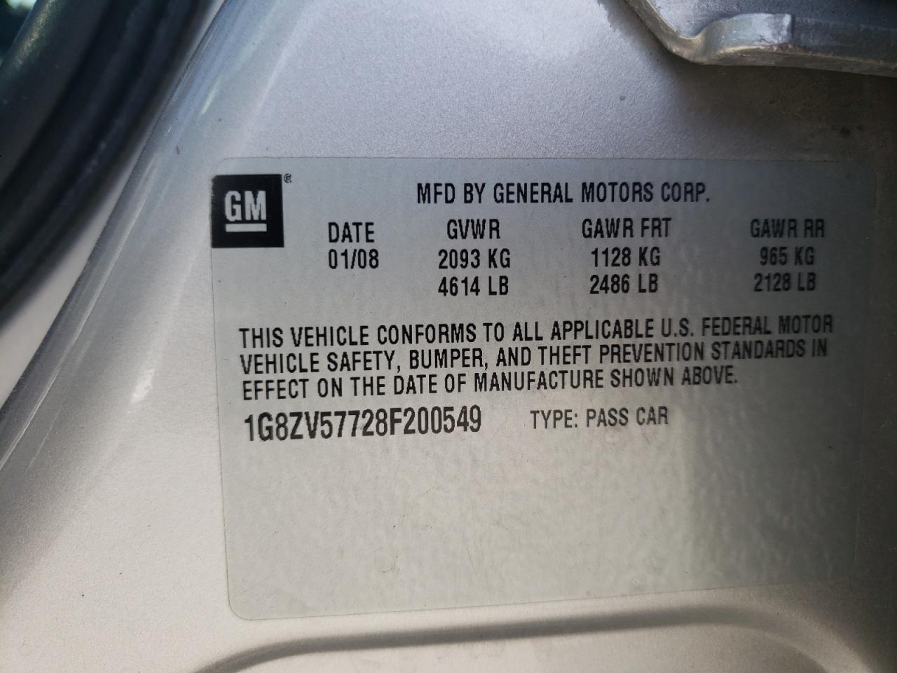 2008 Saturn Aura Xr VIN: 1G8ZV57728F200549 Lot: 50430795