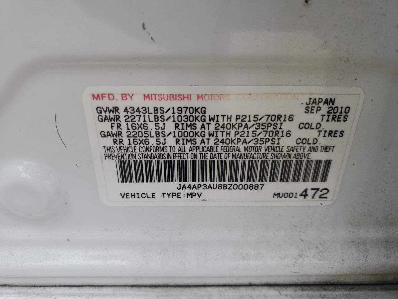 2011 Mitsubishi Outlander Sport Es VIN: JA4AP3AU8BZ000887 Lot: 49096485
