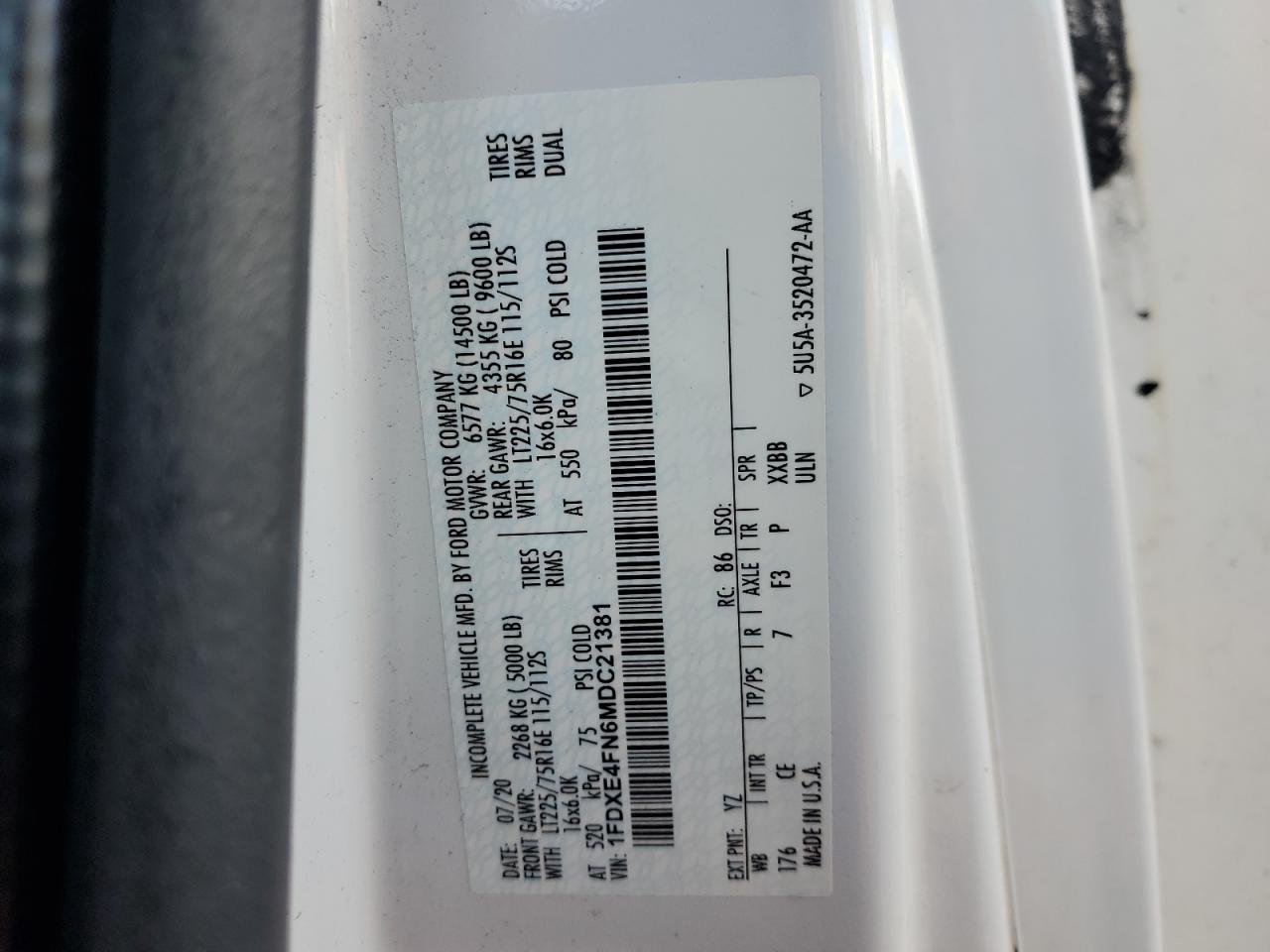2021 Ford Econoline E450 Super Duty Cutaway Van VIN: 1FDXE4FN6MDC21381 Lot: 46900265