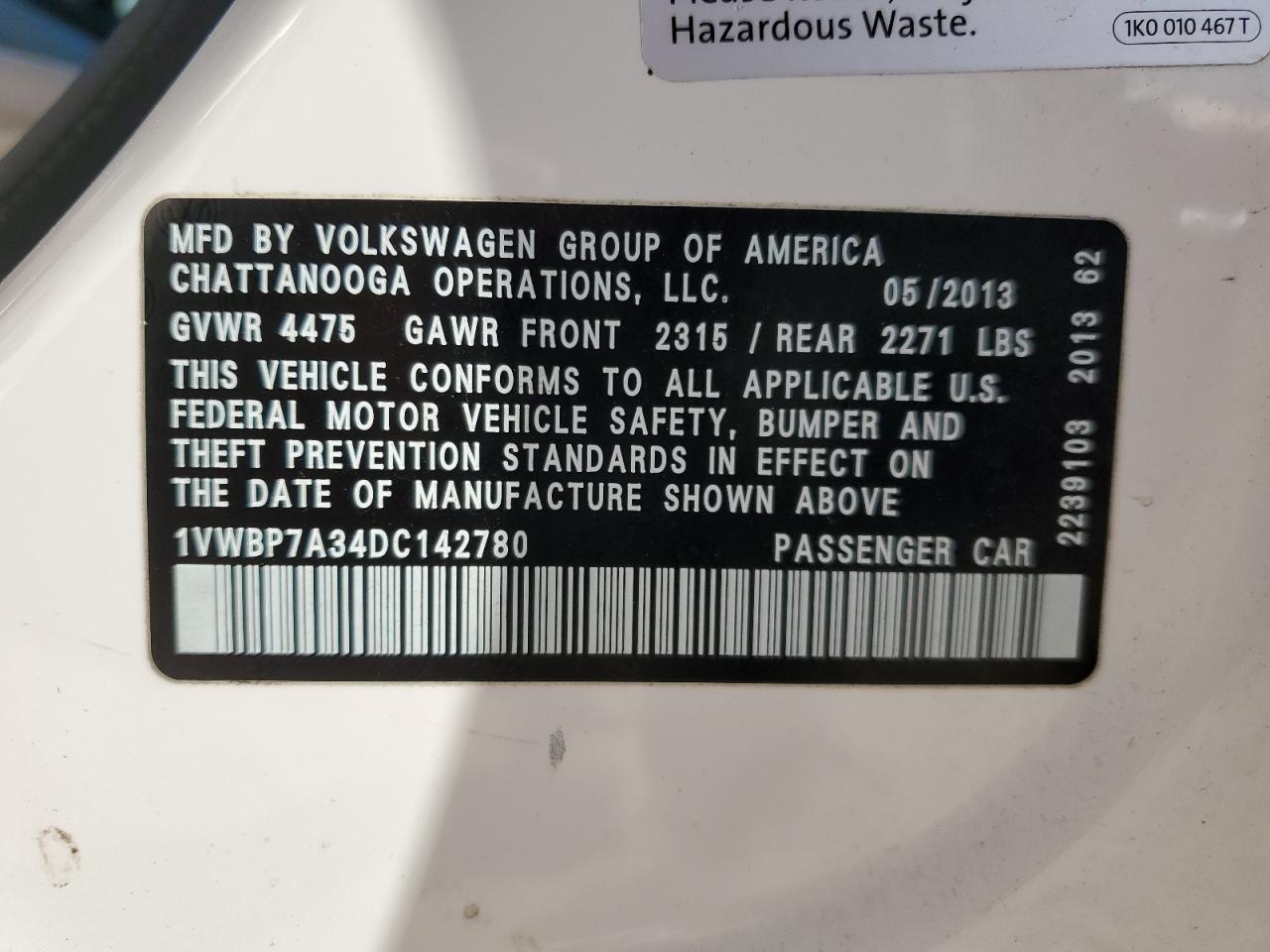 2013 Volkswagen Passat Se VIN: 1VWBP7A34DC142780 Lot: 48653365