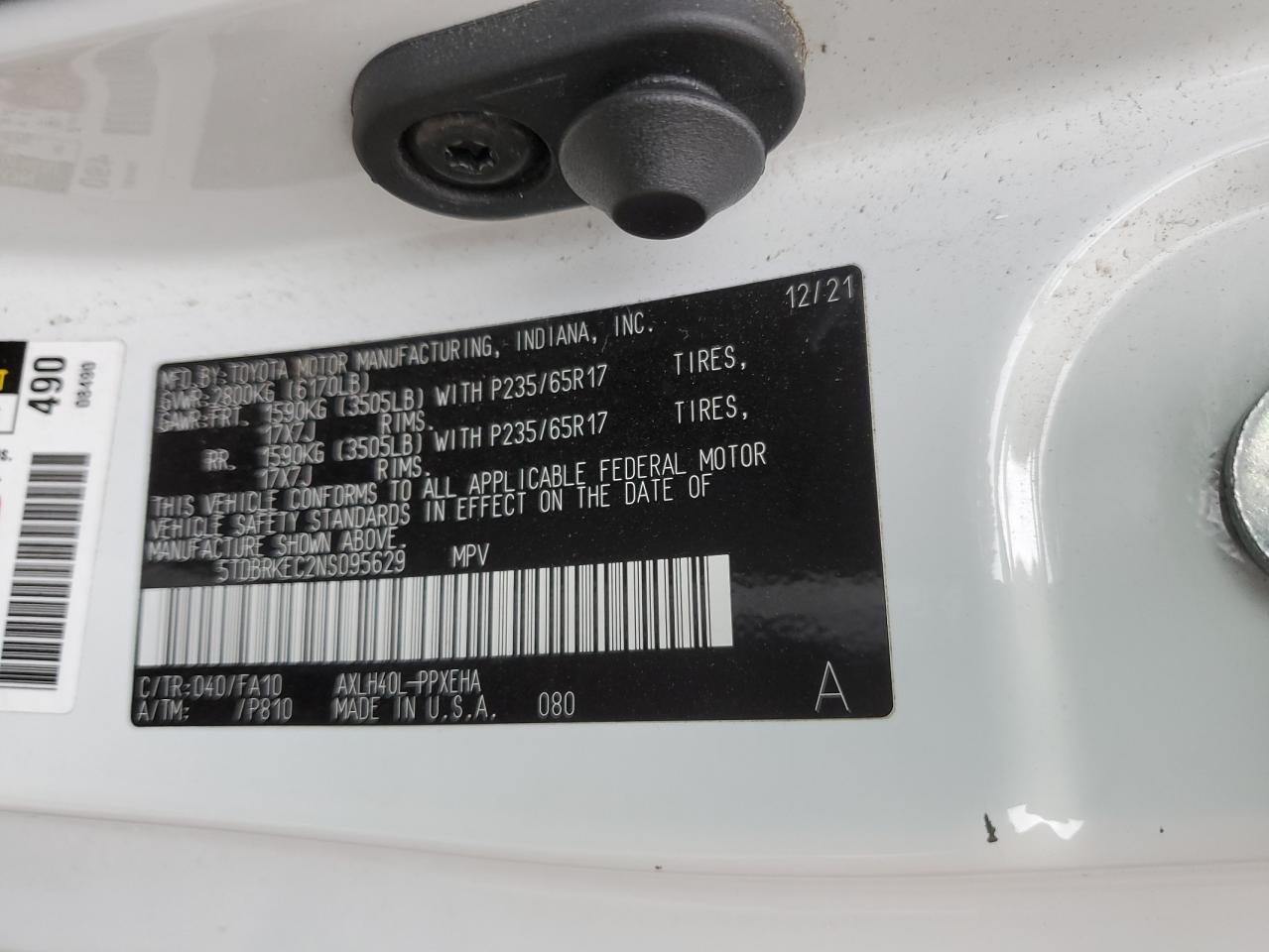 2022 Toyota Sienna Le VIN: 5TDBRKEC2NS095629 Lot: 51231375