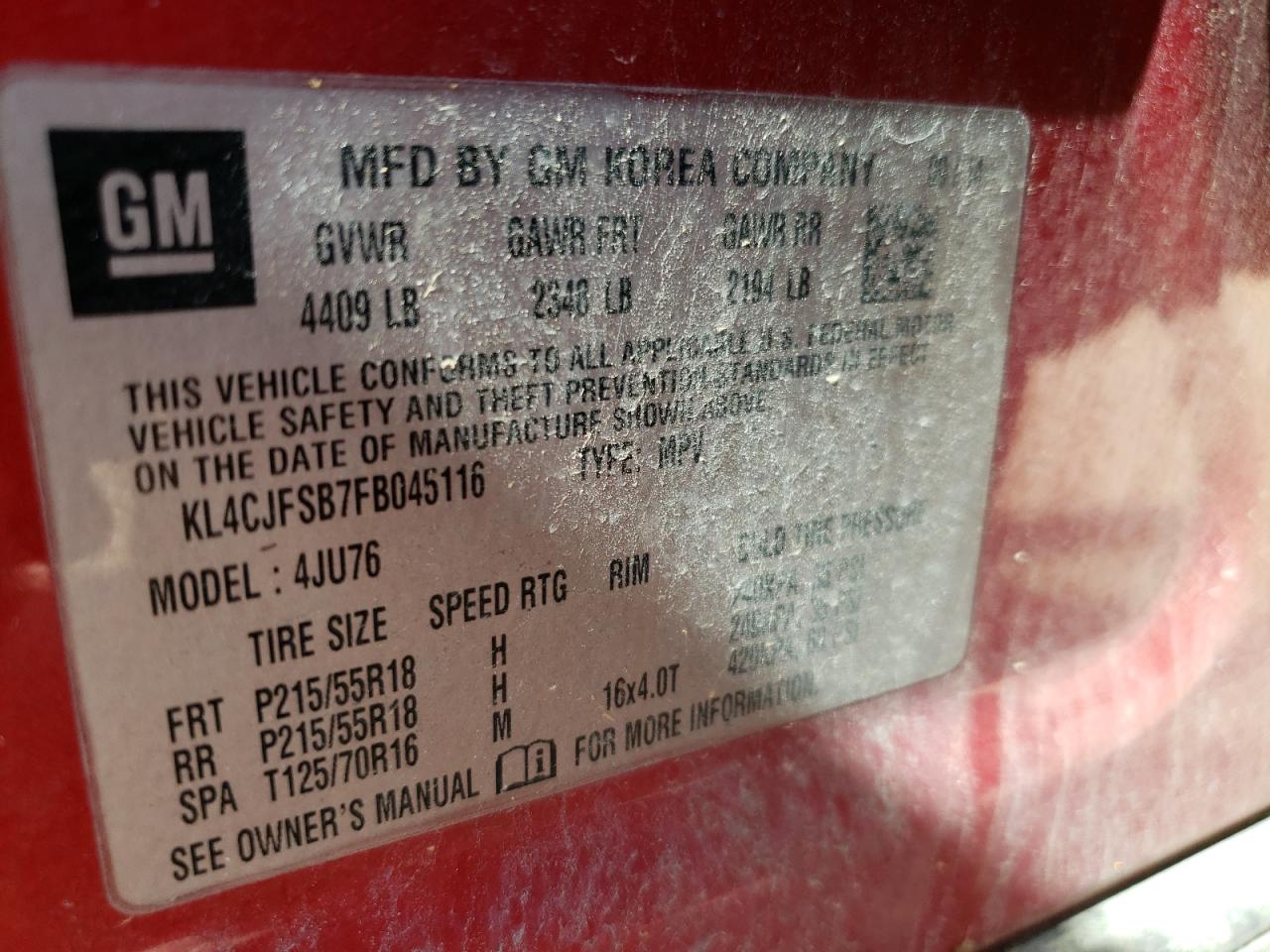 2015 BUICK ENCORE with FRONT END damage, VIN KL4CJFSB7FB045116