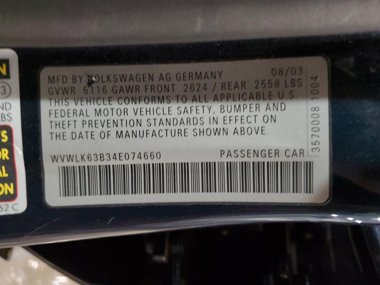 2004 Volkswagen Passat W8 4Motion VIN: WVWLK63B34E074660 Lot: 47743715
