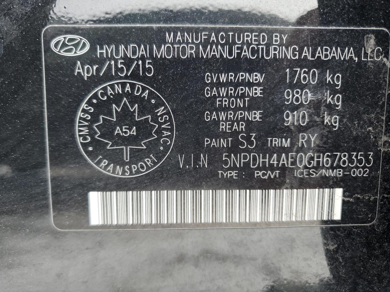 2016 Hyundai Elantra Se VIN: 5NPDH4AE0GH678353 Lot: 46102375