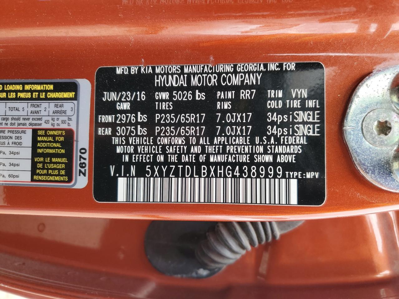 2017 Hyundai Santa Fe Sport VIN: 5XYZTDLBXHG438999 Lot: 49173365