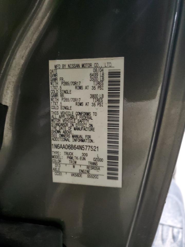 2004 Nissan Titan Xe VIN: 1N6AA06B64N577521 Lot: 48779805
