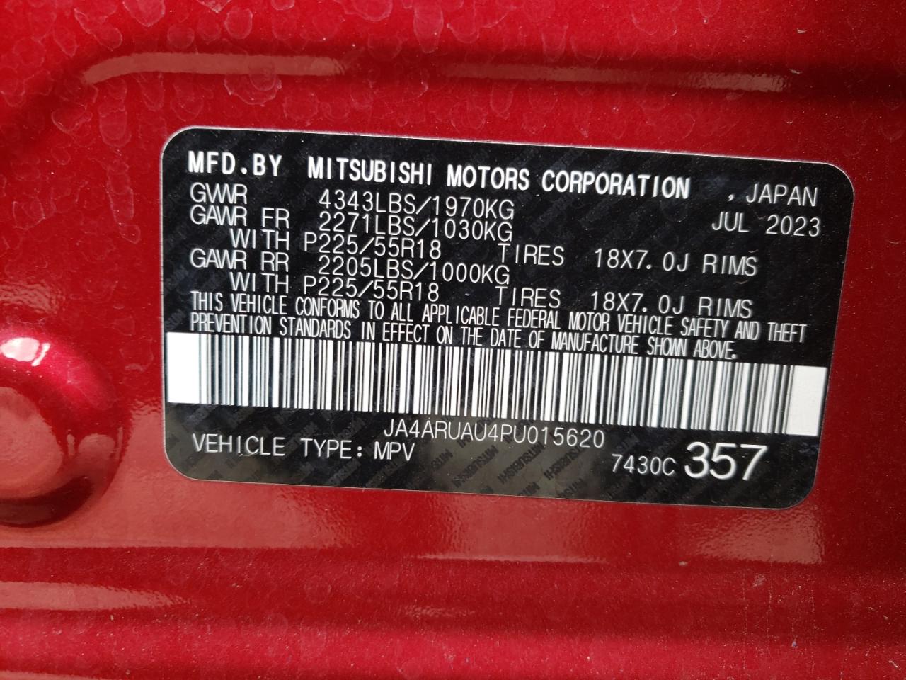 2023 Mitsubishi Outlander Sport S/Se VIN: JA4ARUAU4PU015620 Lot: 47690915