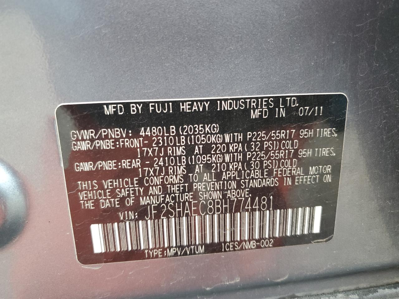 2011 Subaru Forester VIN: F2SHAEC88H774481 Lot: 49022985