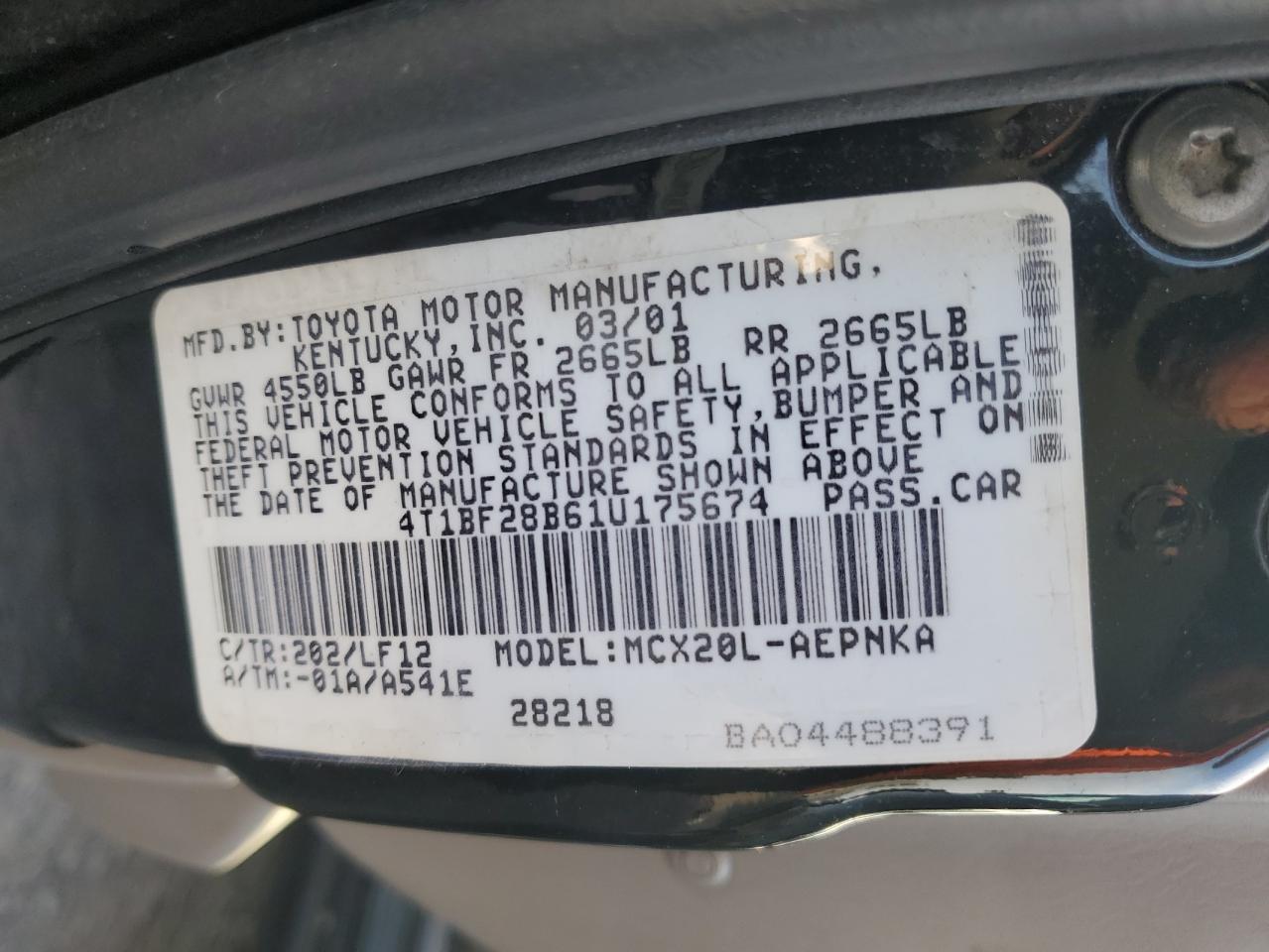 2001 Toyota Avalon Xl VIN: 4T1BF28B61U175674 Lot: 49913765