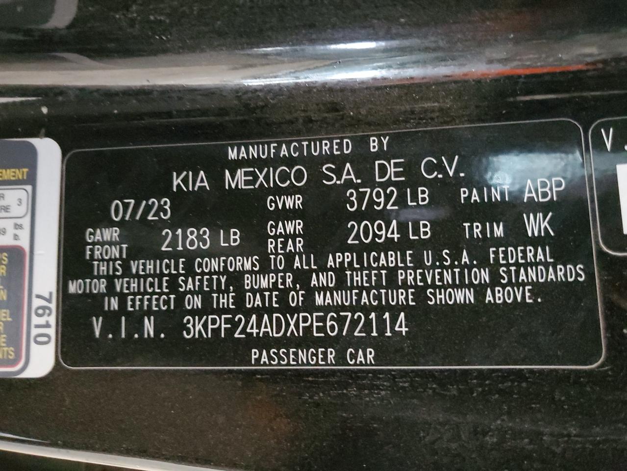 2023 Kia Forte Lx VIN: 3KPF24ADXPE672114 Lot: 48258125