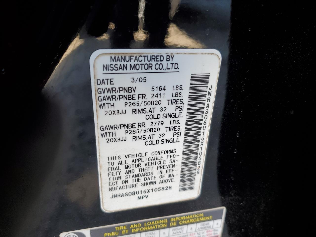 2005 Infiniti Fx35 VIN: JNRAS08U15X105828 Lot: 49807215