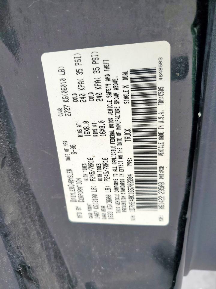 2006 Dodge Dakota Quad Slt VIN: 1D7HE48K16S702204 Lot: 47623725
