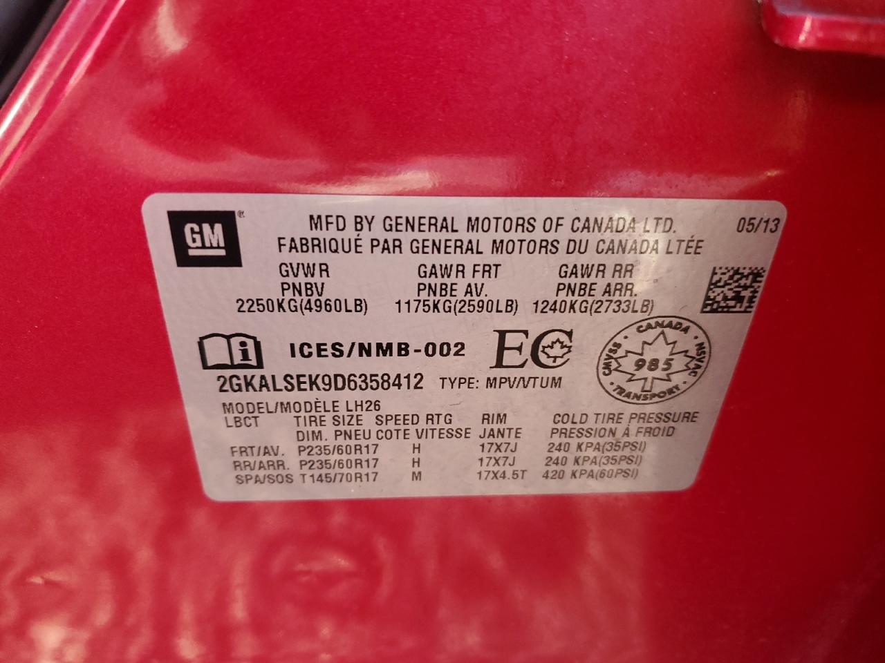 2013 GMC Terrain Sle VIN: 2GKALSEK9D6358412 Lot: 45897385