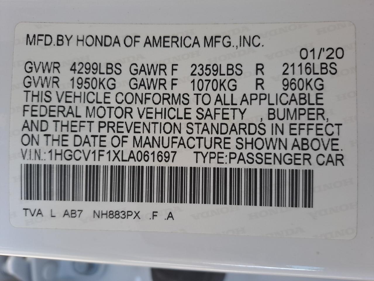 1HGCV1F1XLA061697 - 2020 Honda ACCORD - #49189875