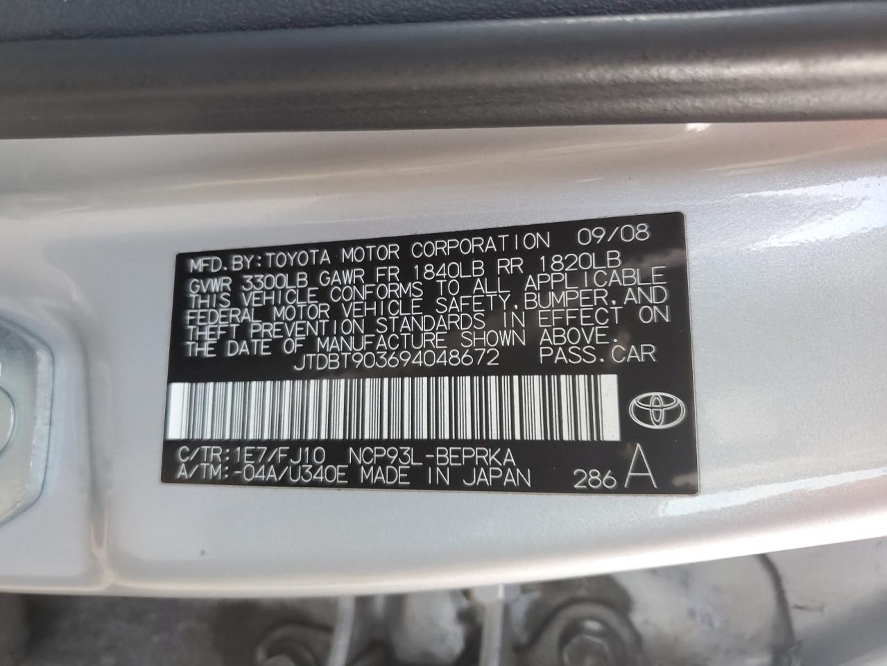 2009 Toyota Yaris VIN: JTDBT903694048672 Lot: 50515315