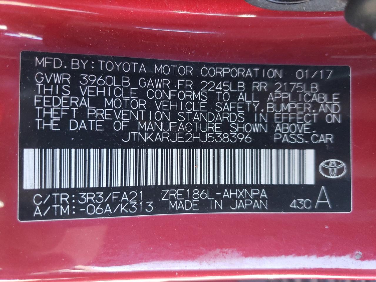 2017 Toyota Corolla Im VIN: JTNKARJE2HJ538396 Lot: 49717815