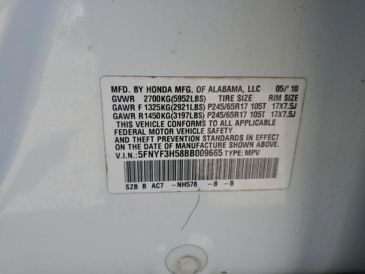 2011 Honda Pilot Exl VIN: 5FNYF3H58BB009665 Lot: 50249445