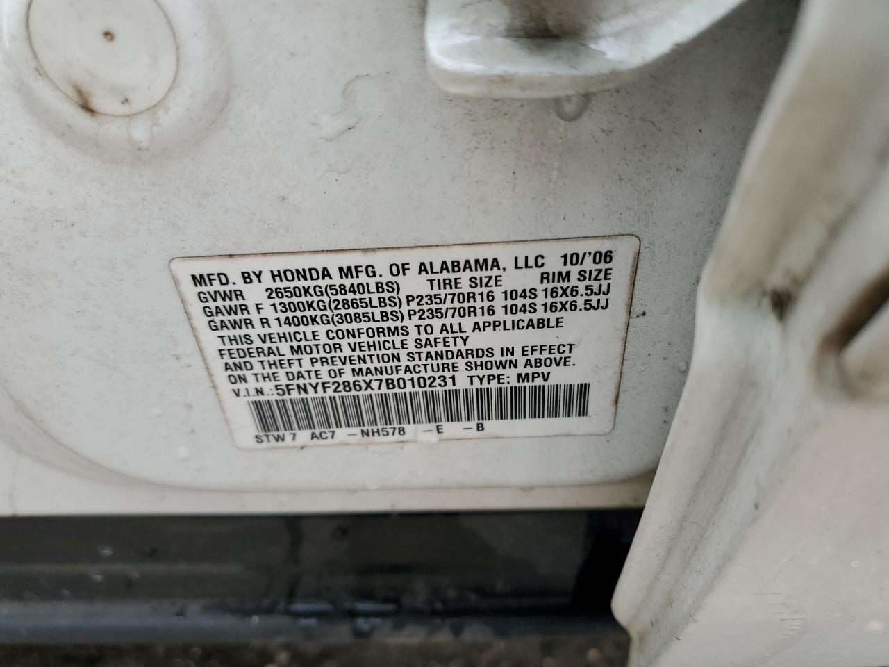 2007 Honda Pilot Exl VIN: 5FNYF286X7B010231 Lot: 49477245