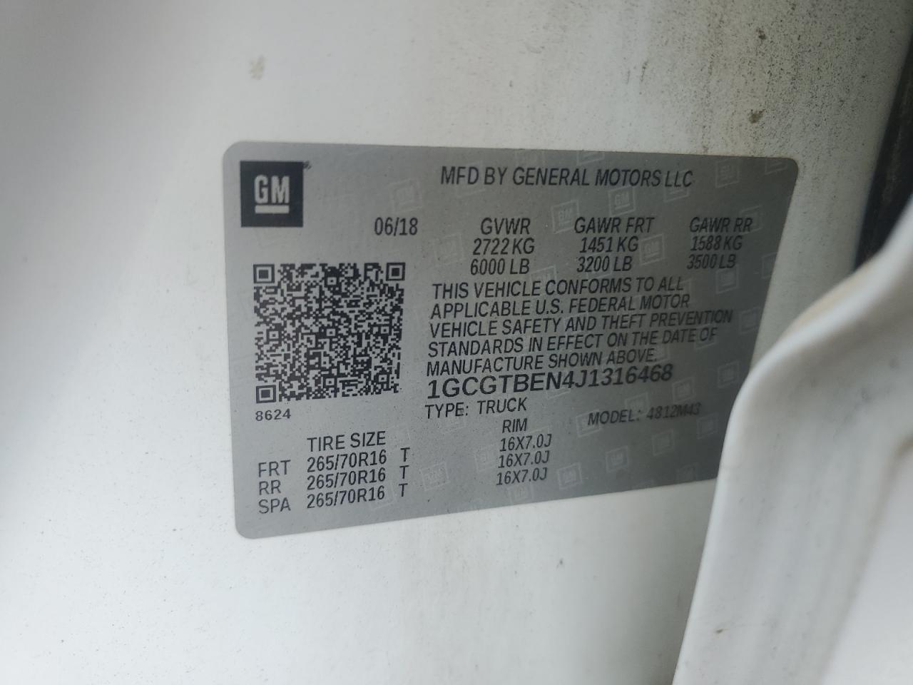 2018 Chevrolet Colorado VIN: 1GCGTBEN4J1316468 Lot: 50805825