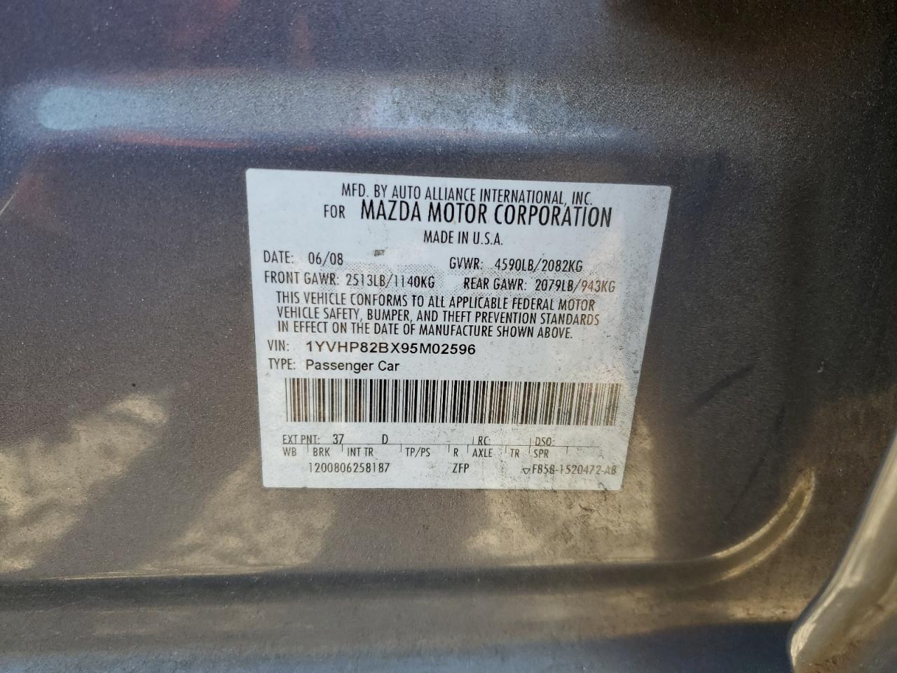 2009 Mazda 6 S VIN: 1YVHP82BX95M02596 Lot: 47429005