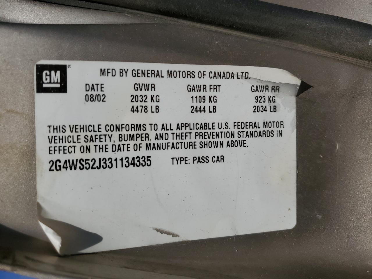 2003 Buick Century Custom VIN: 2G4WS52J331134335 Lot: 49812465