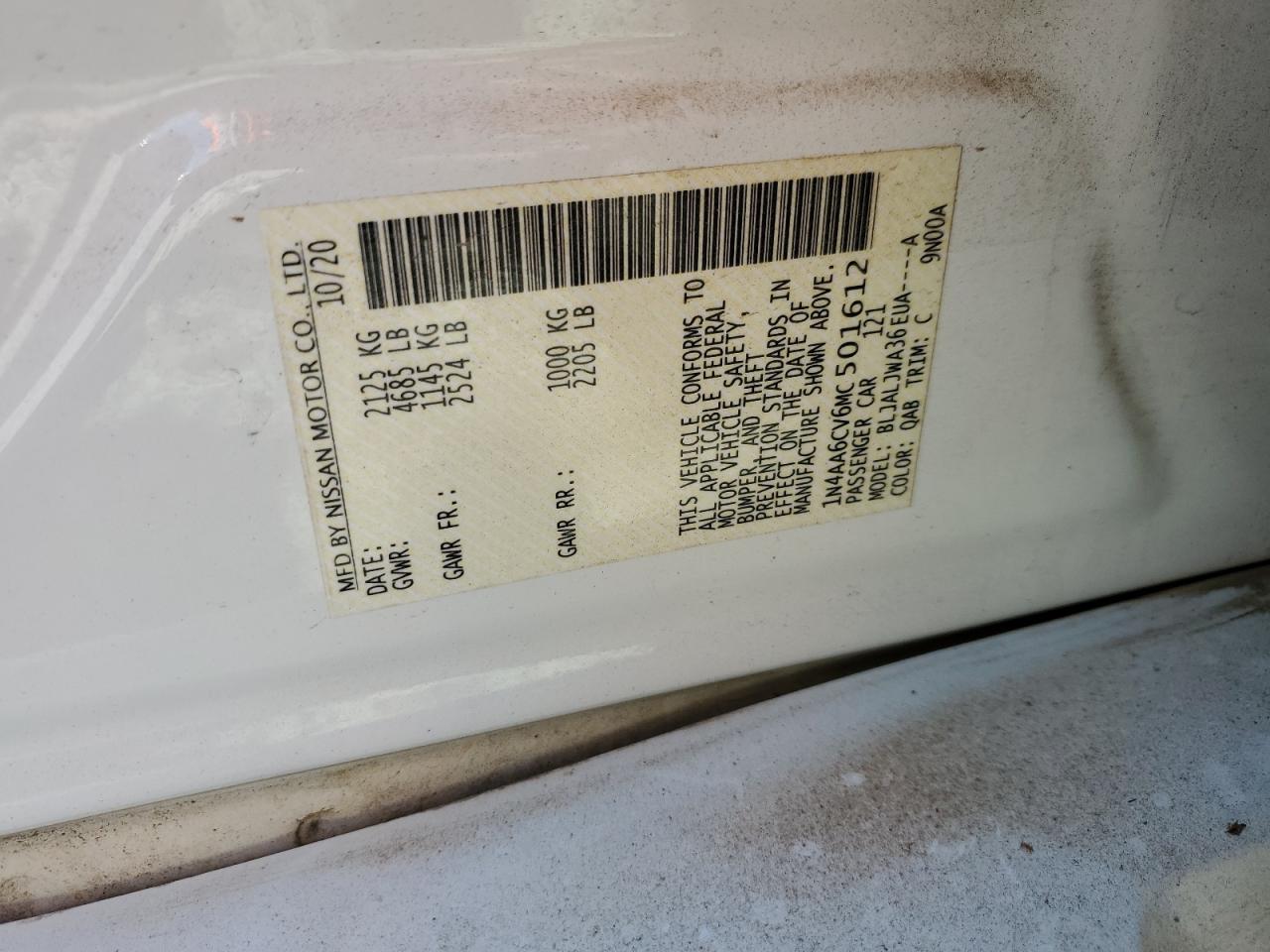 2021 Nissan Maxima Sv VIN: 1N4AA6CV6MC501612 Lot: 48530415