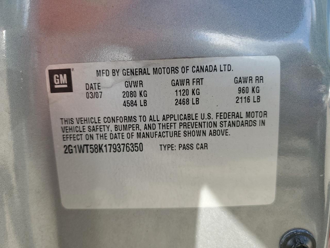 2007 Chevrolet Impala Lt VIN: 2G1WT58K179376350 Lot: 47323995