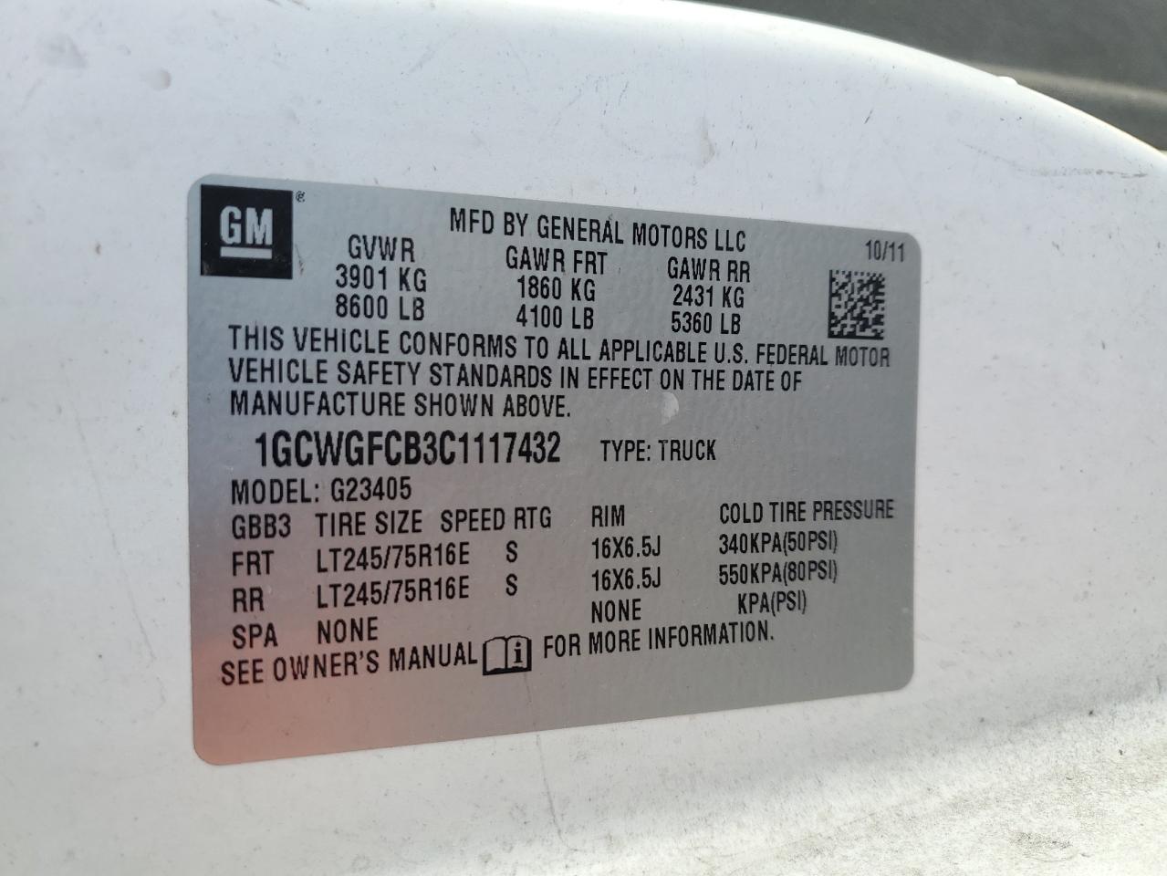 2012 Chevrolet Express G2500 VIN: 1GCWGFCB3C1117432 Lot: 48354485