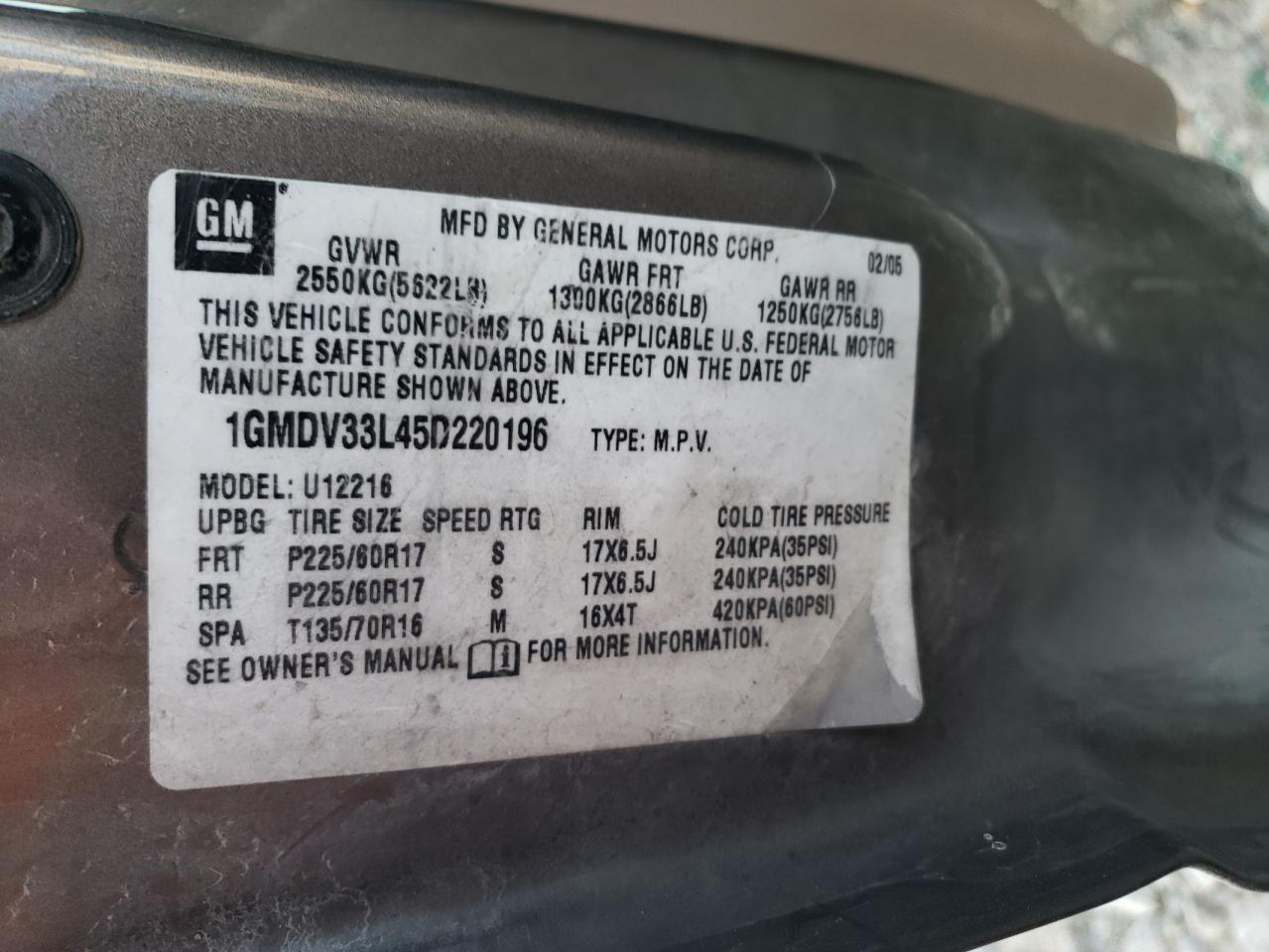 2005 Pontiac Montana Sv6 VIN: 1GMDV33L45D220196 Lot: 48572025