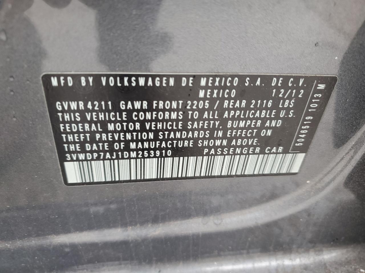 2013 Volkswagen Jetta Se VIN: 3VWDP7AJ1DM253910 Lot: 47865285