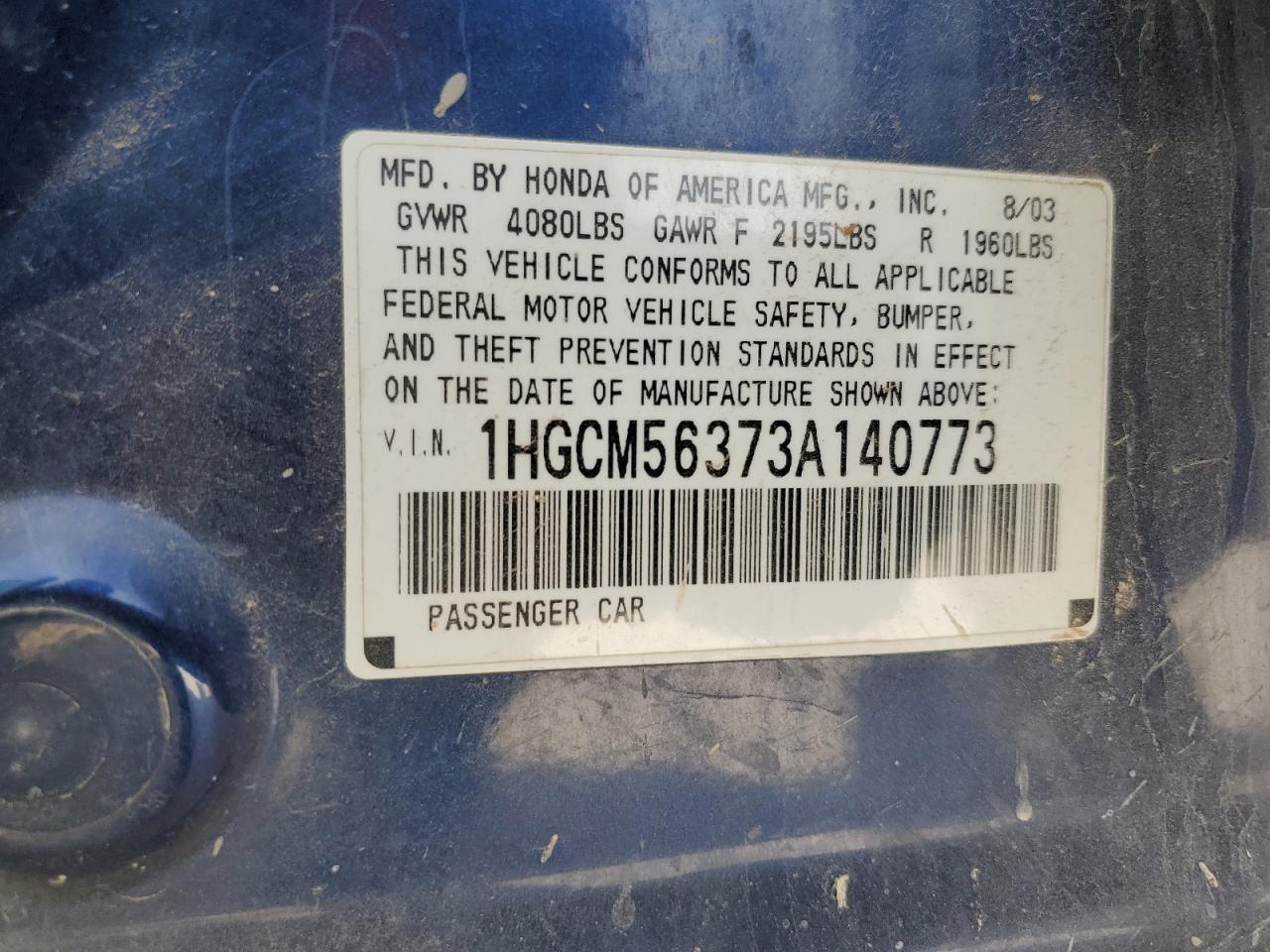 2003 Honda Accord Lx VIN: 1HGCM56373A140773 Lot: 47580055