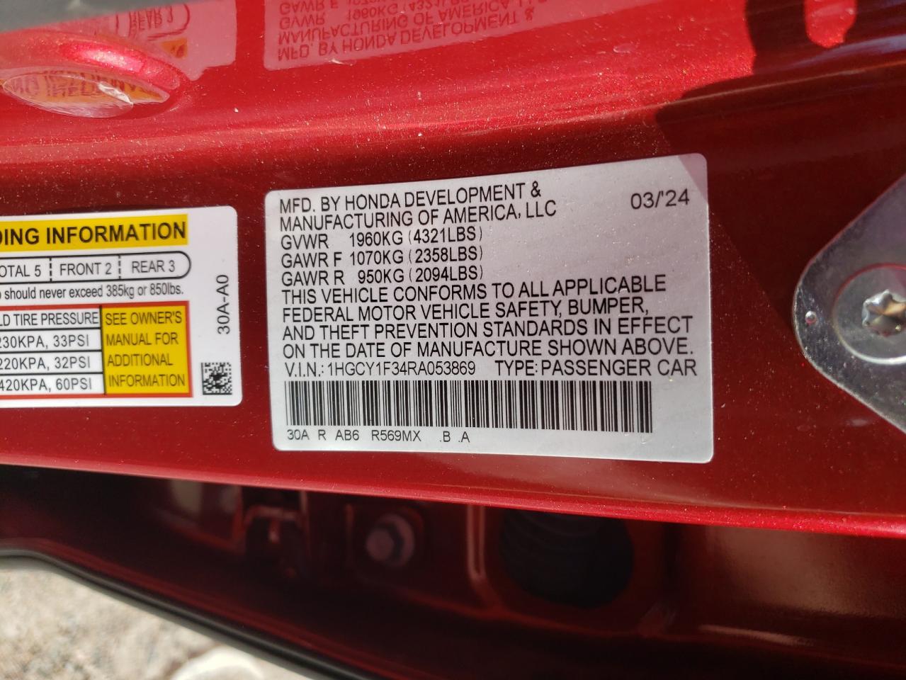 2024 Honda Accord Ex VIN: 1HGCY1F34RA039633 Lot: 50817645