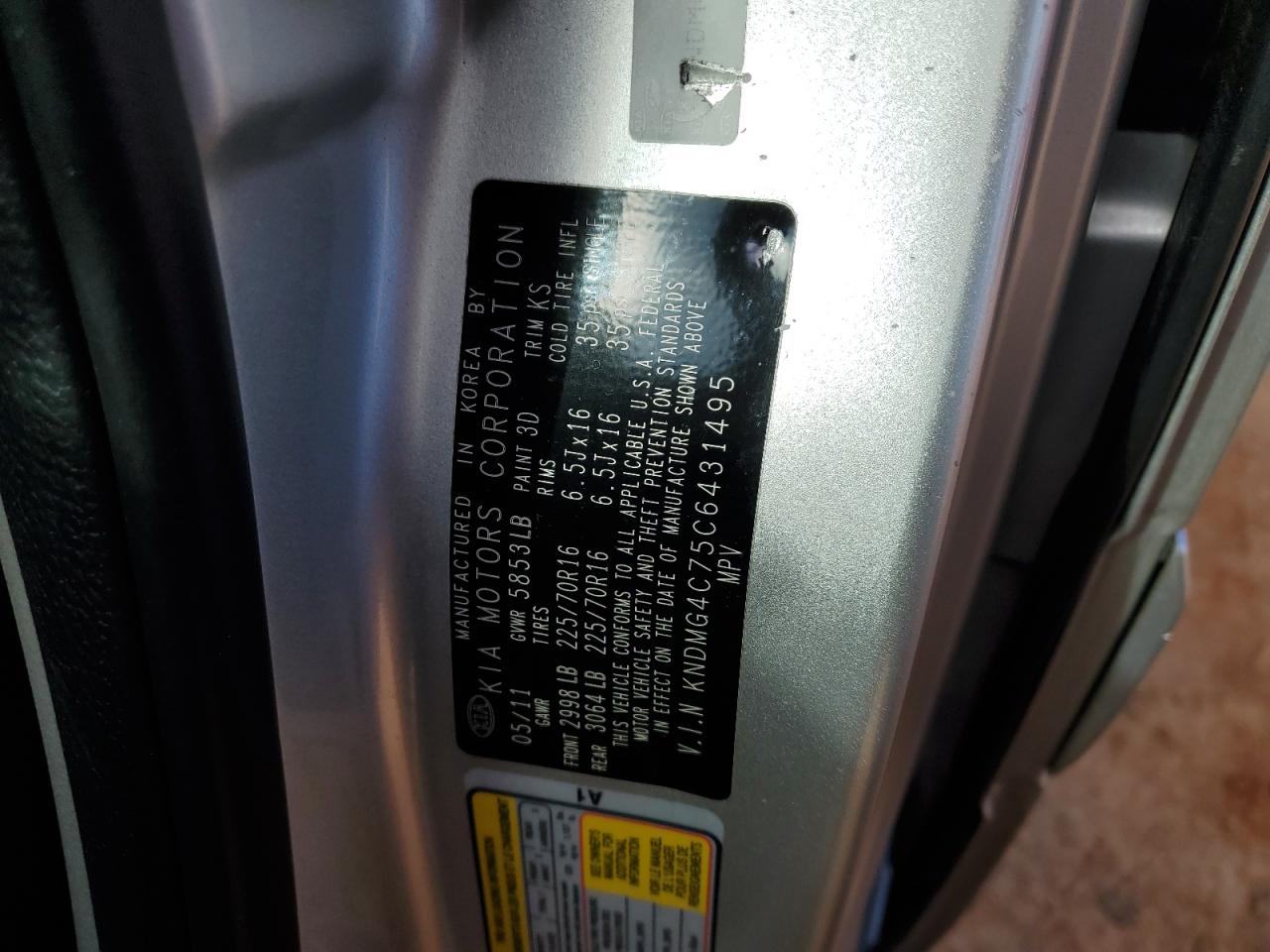 2012 Kia Sedona Lx VIN: KNDMG4C75C6431495 Lot: 47966075