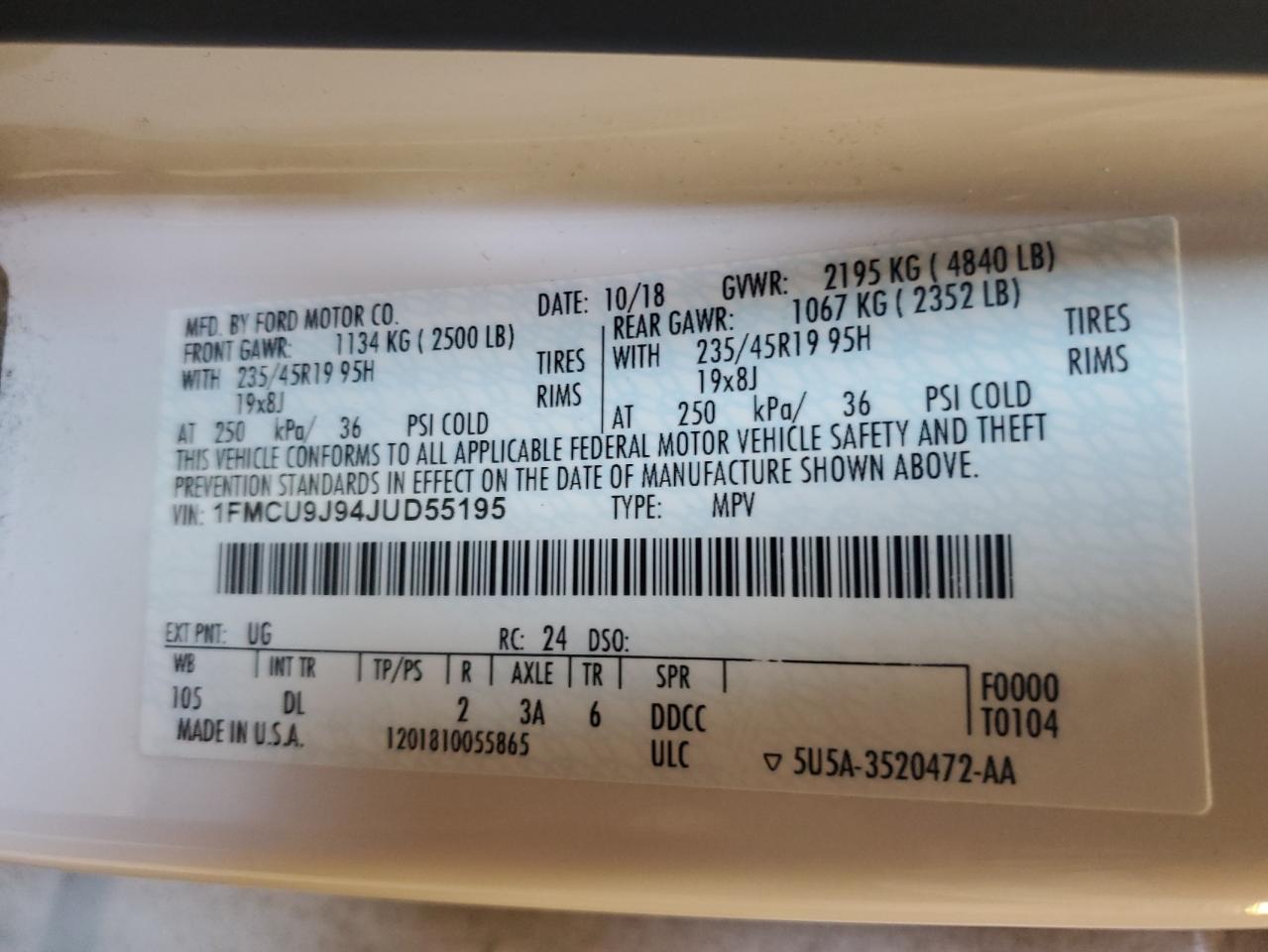 2018 Ford Escape Titanium VIN: 1FMCU9J94JUD55195 Lot: 49609085