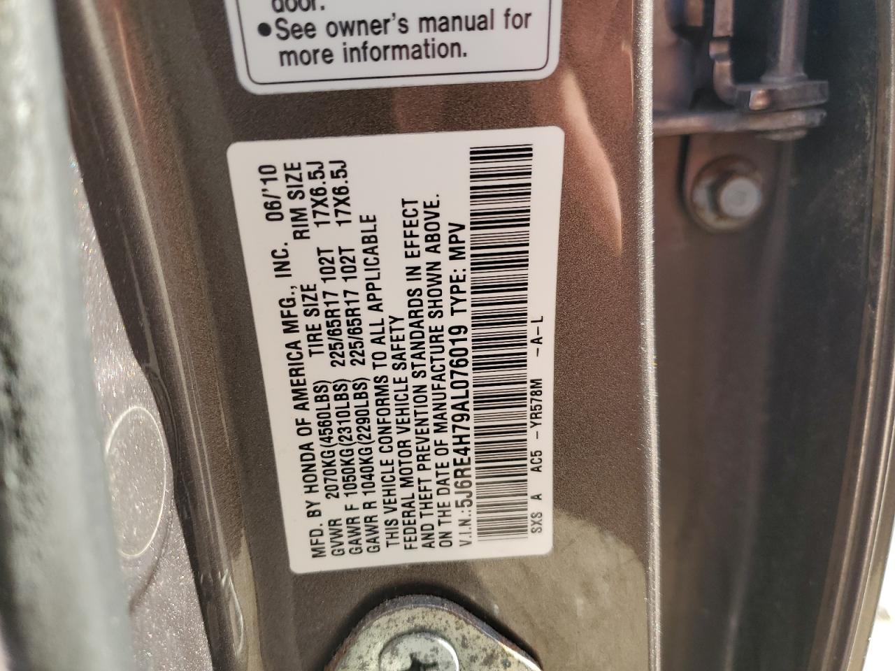 2010 Honda Cr-V Exl VIN: 5J6RE4H79AL076019 Lot: 48930235