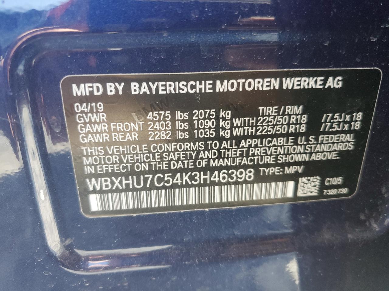 2019 BMW X1 Sdrive28I VIN: WBXHU7C54K3H46398 Lot: 48909535