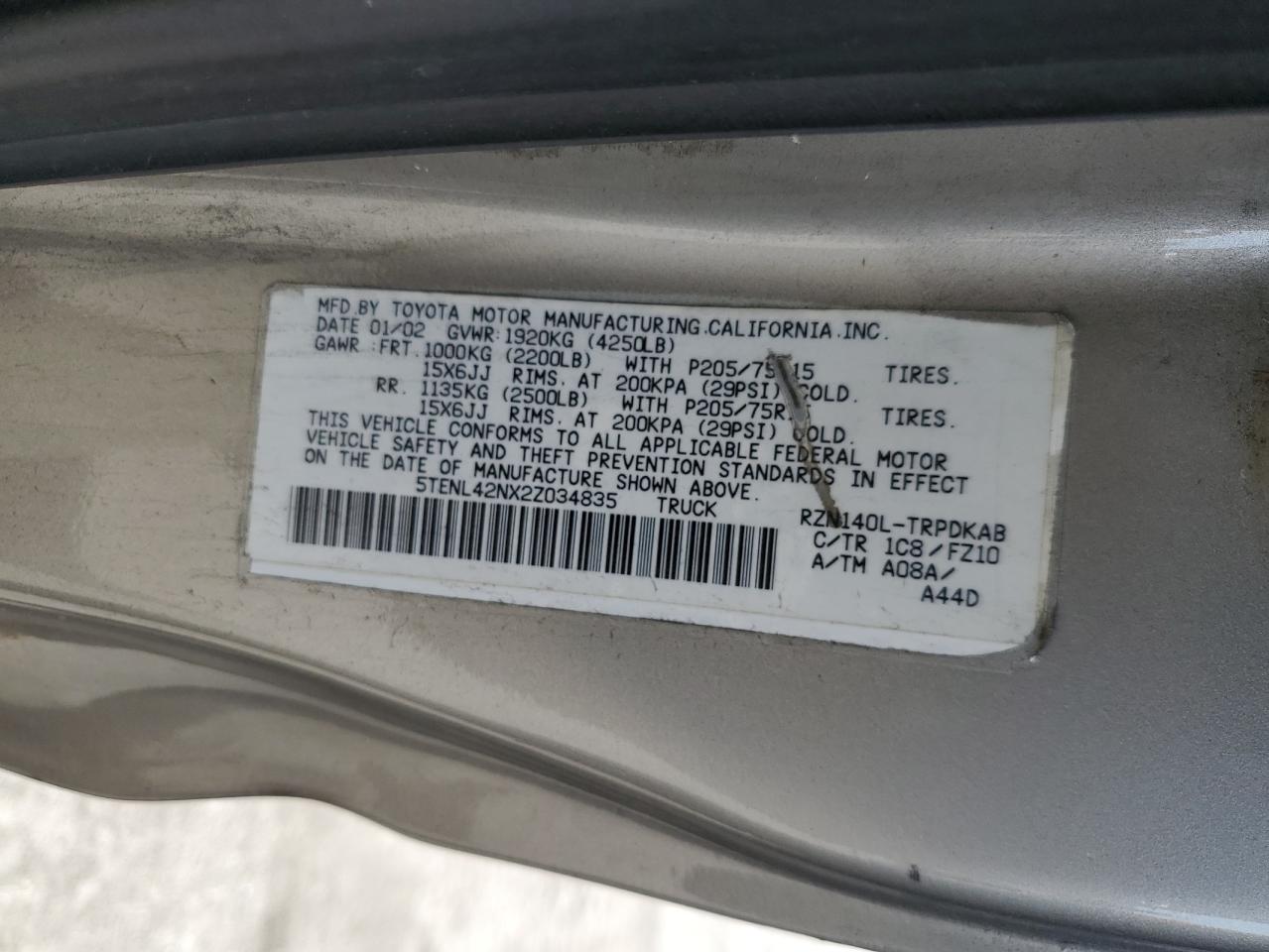 2002 Toyota Tacoma VIN: 5TENL42NX2Z034835 Lot: 68103195