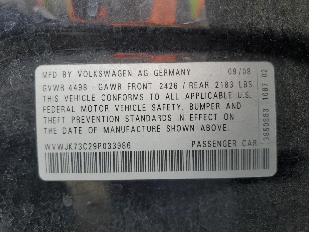 2009 Volkswagen Passat Turbo VIN: WVWJK73C29P033986 Lot: 47779315