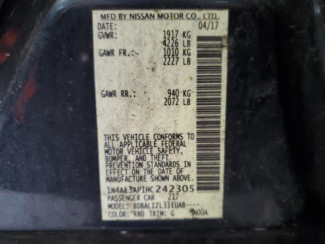 2017 Nissan Altima 2.5 VIN: 1N4AL3AP1HC242305 Lot: 47798795