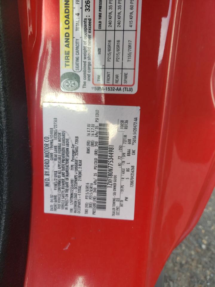 2007 Ford Mustang VIN: 1ZVFT80N775344981 Lot: 48111245