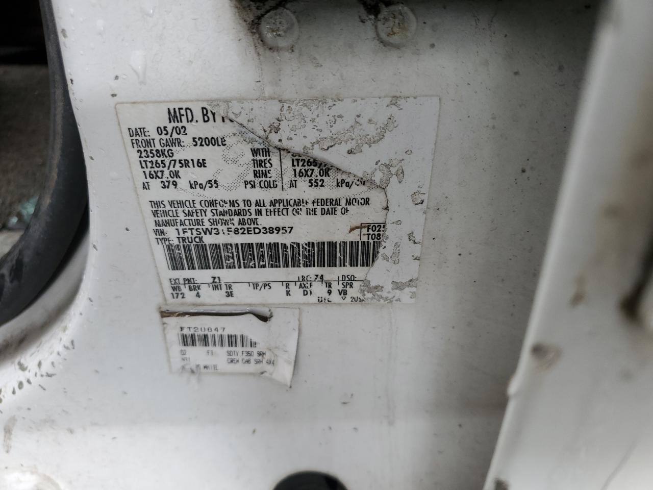 2002 Ford F350 Srw S VIN: 0LDL0T86857524 Lot: 50966195