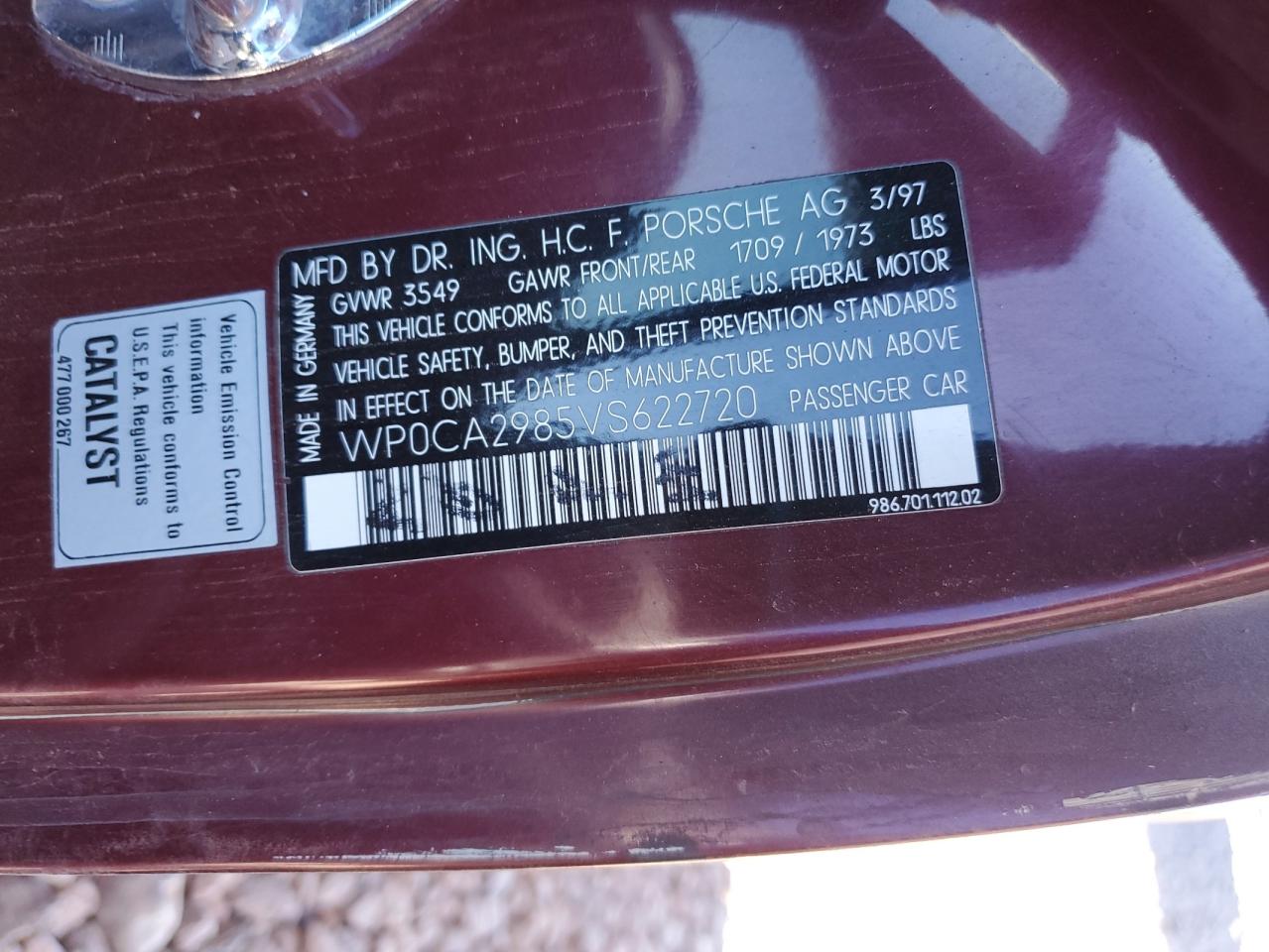 1997 Porsche Boxster VIN: WP0CA2985VS622720 Lot: 50256045