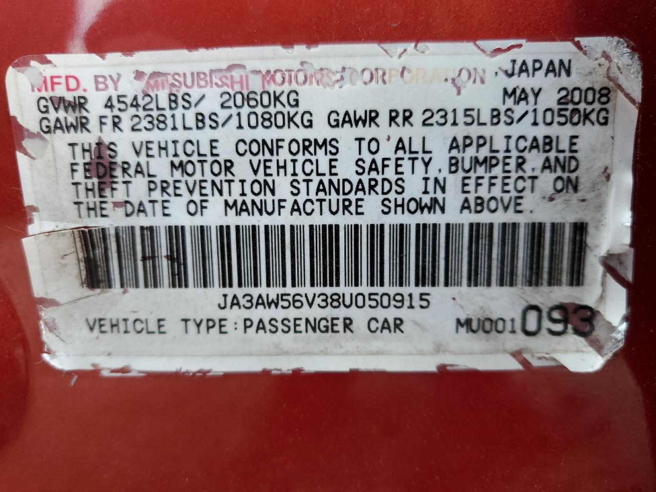 2008 Mitsubishi Lancer Evolution Mr VIN: JA3AW56V38U050915 Lot: 47126065