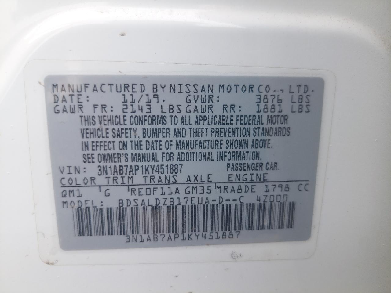 3N1AB7AP1KY451887 - 2019 Nissan SENTRA - #47691645